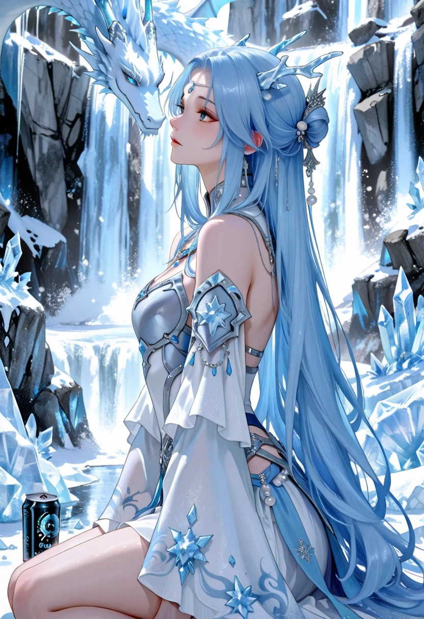 Ao Shuang, the daughter of King Hailong：Ice Spirit Pearl守护者，Her beautiful armor and the world's cold ice are so absolute ，（Ice Spirit Pearl），After Ice Dragon Frost，Born to “Extremely Cold Dragon”，When the North Sea is born a thousand miles of ice， Her body is a silver-white ice dragon，Blue hair like a waterfall，Eyes like glaciers，Armor inlaid with ice crystals，can reflect the cold light of 10,000 roads！