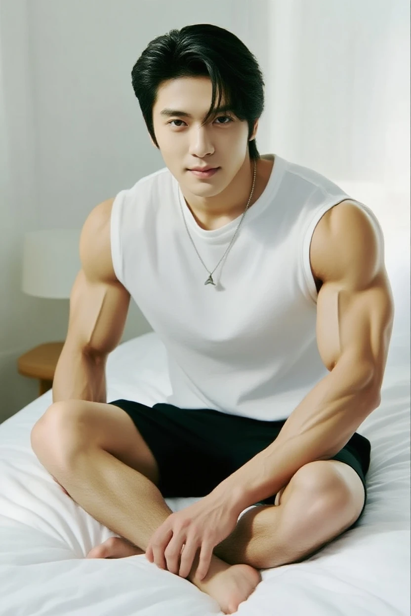 A sexy horny naked korean guy with a six pack, a bodybuilder body and long legs, short black underpants, hot veins, a cute and sexy face and a middle part looking horny sitting in a chair spreading his legs