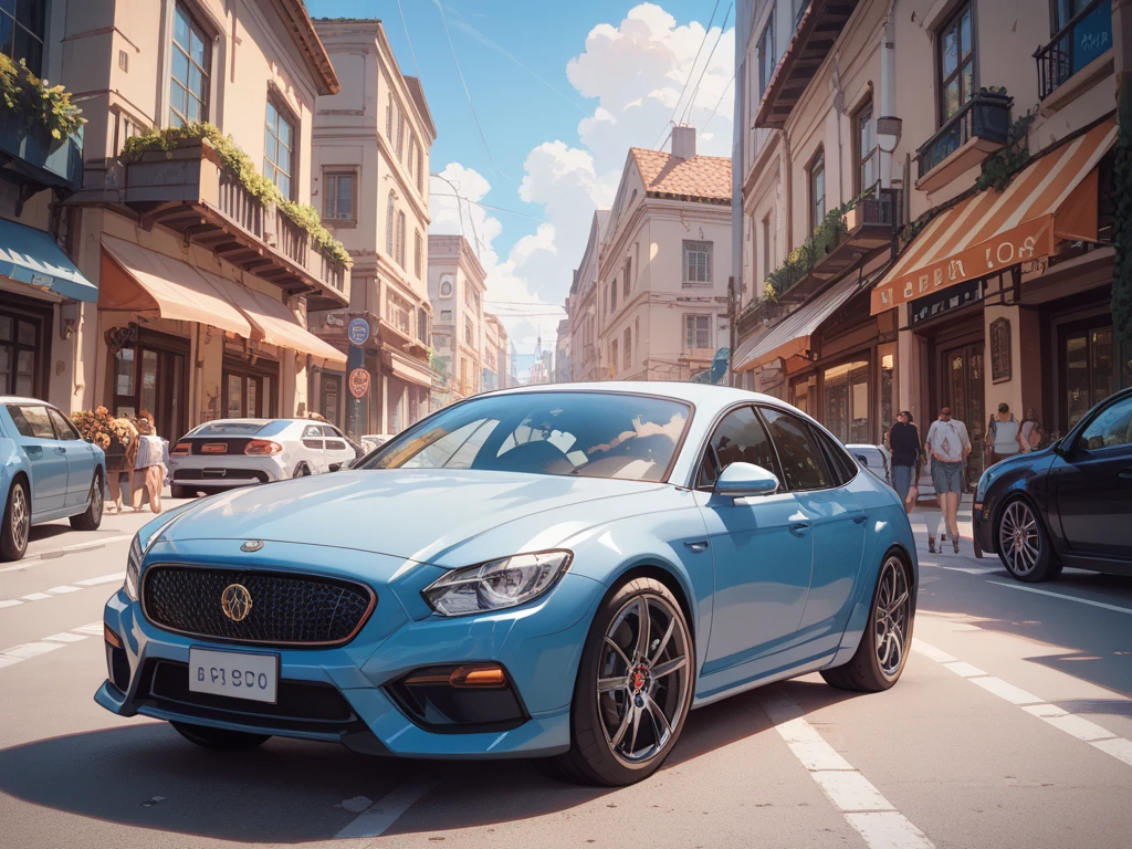 In front of the noodle shop, navy blue car in front.
