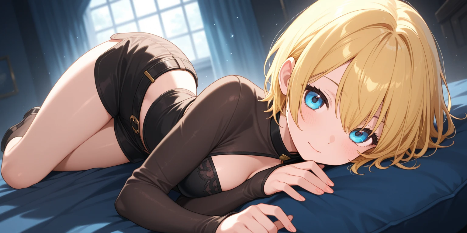 2girls, a girl lying on the bed and the girl on the top, on the bed, yuri, camisole, teasing, window, short hair, long hair, thighs, blonde hair, brown hair