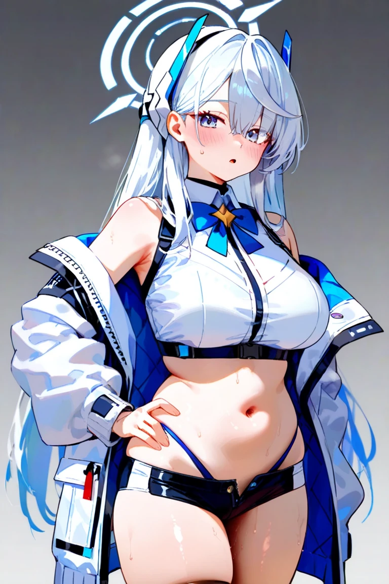 TakaRi, 独奏, 1girll, whaite hair, long whitr hair, Purple eye, ssmile, standing on your feet, dynamicposes, 8K, tmasterpiece, best qualtiy, absurderes, Perfect ???????, cinmatic lighting, cowboy lens, (Police uniform:1.1), trouser,Pregnant belly,Pregnant belly