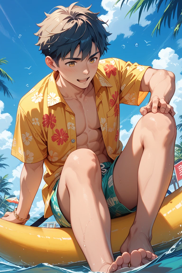 Highest quality, Masterpiece in anime style, (alone:1.1),T-shirt rolled up,Show off your flashy swimsuit,Summer beach, Laugh innocently, Sensual, Cute Freckles, Mole under the left eye, sexy,Sweeping sand off his bottom with his hand,Accentuated crotch, 