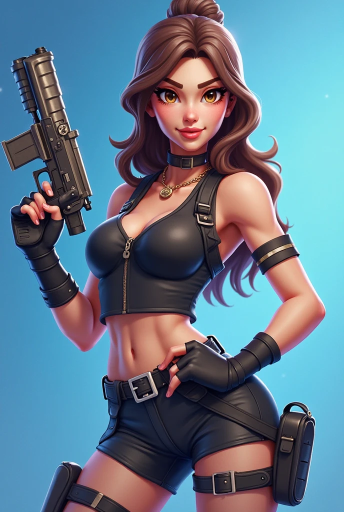 Best quality, masterpiece, ultra high res,photorealistic, raw photo,best quality,global illumination,8k wallpaper,official art, Amazing, finely detail,huge filesize, ultra-detailed,1girl, Bikini ,(extremely detailed eyes and face:1.2),(cyberpunk,24-year old),(incredibly absurdres),(thick arms, thick) 1.3,(thick arms), very flat chest, bump: 1.5), bodybuilding, 1girl, red_gloves, jewelry, gloves, necklace, solo, shorts, strapless, waving, long_hair, dress, lips, hairband, bare_shoulders, brown_hair, realistic, brown_eyes, earrings, breasts, (Kinessa from the Pladins game), giant breasts, uncensored, naked,