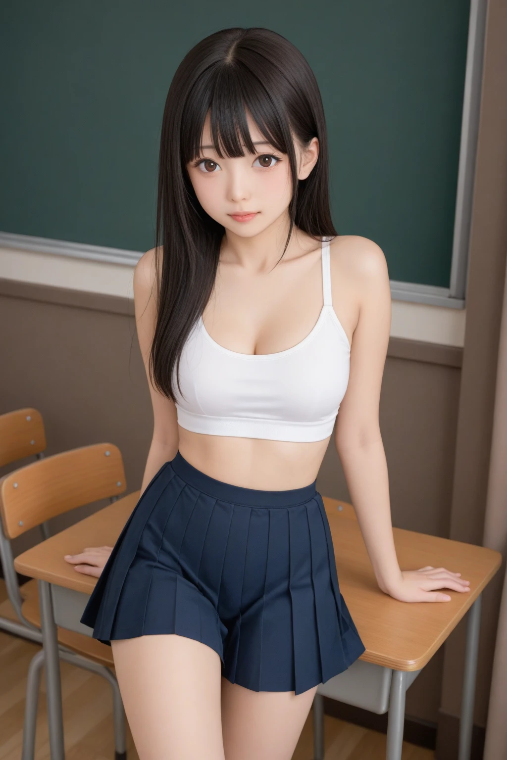 (masterpiece, highest quality:1.2), 8k, Young and beautiful girl, 85mm,Official AR RAW Photos, Baby Face、The clothes are big、show me your ears、photo shoot, Cute face, Thighs, Classroom after school, Looking at the audience, Embarrassing、smile、No makeup, Film Grain, chromatic aberration, Sharp focus, Face Light, Bright lighting, 10 generations, Detailed face, Background Blur、((((((16-year-old high school girl))))))、Tight waist、Sports Bra、lift the skirt with both hands'hand of、White tiny panties。The genitals are wet。Her panties are wedged into her genitals。Sweaty。Short Hair。spread your legs wide open。Arms behind head。Show me your sides。