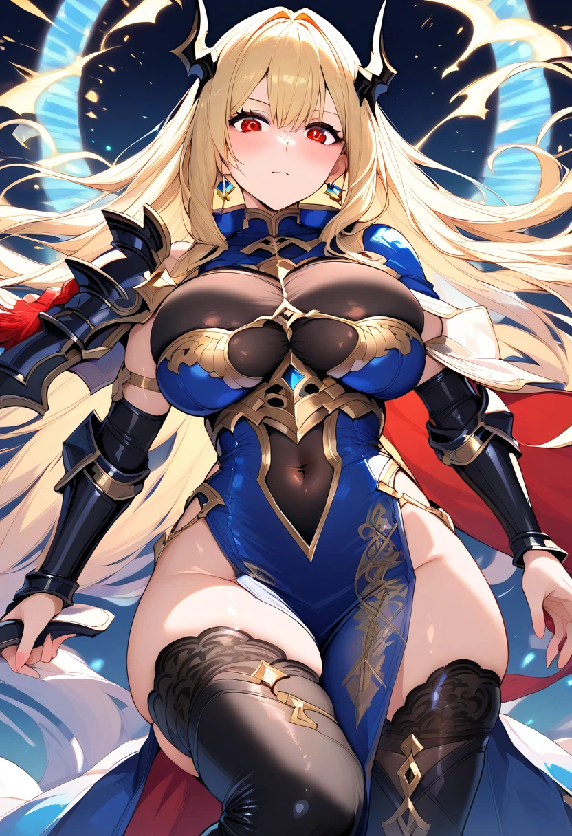 beautiful girl,Long blond hair,(curls),(((Squinting eyes))),(Carved armor),Metal Armor),Blue long skirt,Black pantyhose,Shoulder armor,clavicle,(Off-shoulder),(((super huge breasts))),((Red Eyeshadow)),Remains Cliff,((In the ruins))