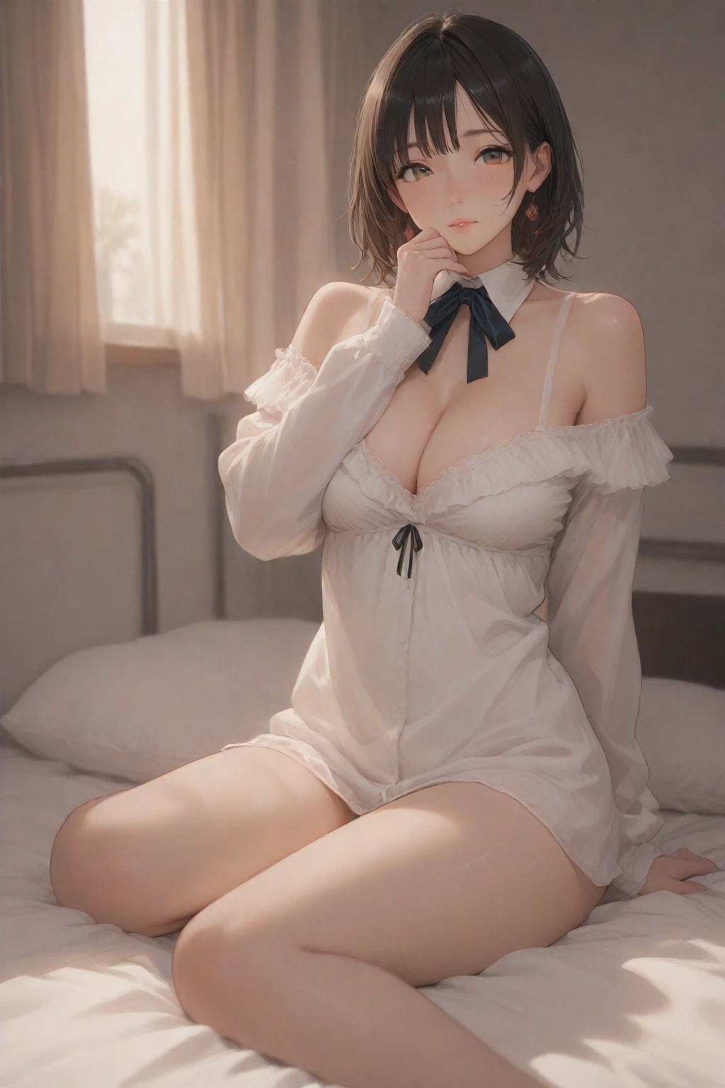 ((masterpiece)), (HQ), (4K), (high detailed), (((best quality))), (detailed face), (beautiful, cute, pretty girl), (slender 18yo teen girl), ((high ponytail)), (blushing:1.5), (white button shirt), ((bare collar)), ((((spaghetti strap pyjamas)))), (skinny waist), (skinny thighs), (wood cabin), (brown hair), (((view from top))), (((bare arms))), (((bare legs))
