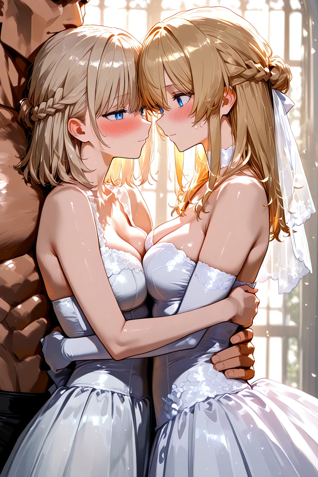 asanagi score_9, score_8_up, score_7_up, 2girls, blonde torogao blush (wedding_dress:1.5),long_dress (leash) bridal veil, (wide_hips:1.2) holding bridal bouquet, sleeves past fingers, 1boy, male collar, chain, cooperative fellatio, teamwork, threesome, nude male clothed female, erection, penis, lipstick marks, heavy breathing, mature female, earrings, precum, cathedral, romantic, delicate design, gigantic breasts