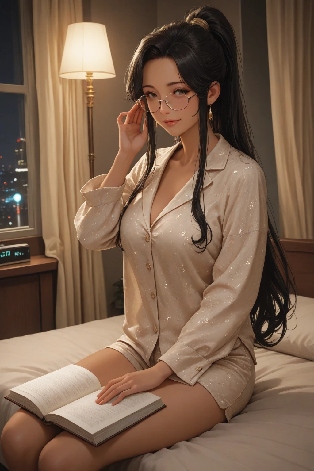 DV_Misha_Vicious is at home in her (yellow satin pajamas:1.3)( watching TV on her couch:1.5)(in a black room:1.3) (35mm, F/2.8) (insanely detailed and intricate, character, hypermaximalist, elegant, beautiful, revealing, appealing, attractive, amative, hyper realistic, super detailed, destruction, halo, heresy burn, heresy flare, lens flare, reflections) (lens Flare:1.3)(god rays:1.2)(heresy flare:1.3)pink smoke bomb, fog (pigtails)( smiling at viewer:1.2)(black framed glasses) (spreading her legs)