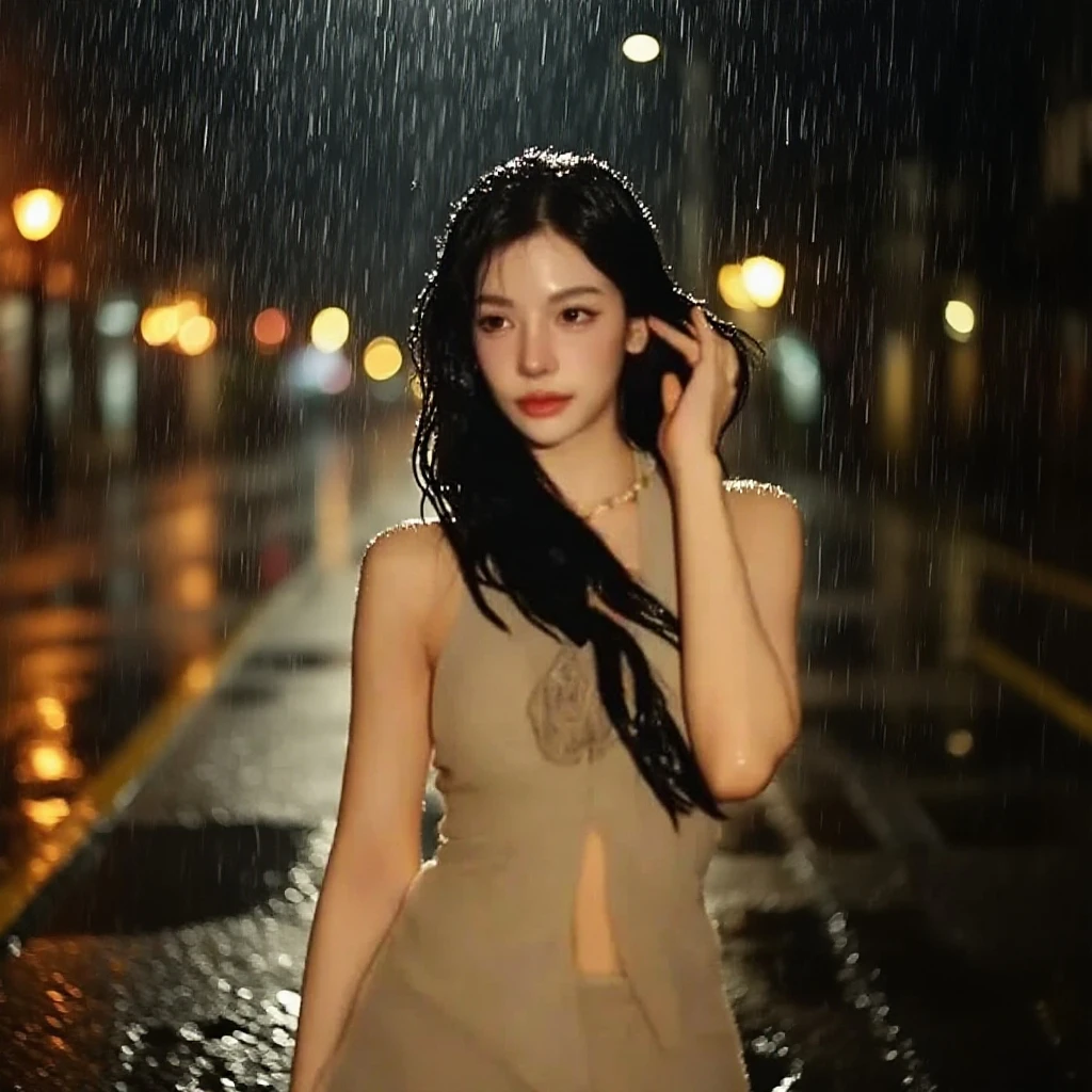 (RAW shooting, Photorealistic:1.5, 8k, Highest quality, masterpiece, Ultra-high resolution), Perfect dynamic composition:1.2, night, Looking up at the sky:1.3, (((Typhoon heavy rain))), Highly detailed skin and facial textures:1.2, A slim high school girl wet with rain:1.3, Sexy beauty:1.2, Perfect Style, beautifully、aesthetic, Fair skin, Very beautiful face, (Rain dripping down on my body:1.2, Wet Hair:1.2, Wet clothes:1.2), Water droplets on the skin, Mid-chest, Chest gap, (Embarrassed smile, Her facial expression when she felt intense caressing, Facial expressions when feeling happy)), (Beautiful Blue Eyes, Beautiful erotic eyes:0.8), (Too erotic:0.9, Fascinating:0.9), Full Body Shot, Perfect limbs, Perfect Fingers