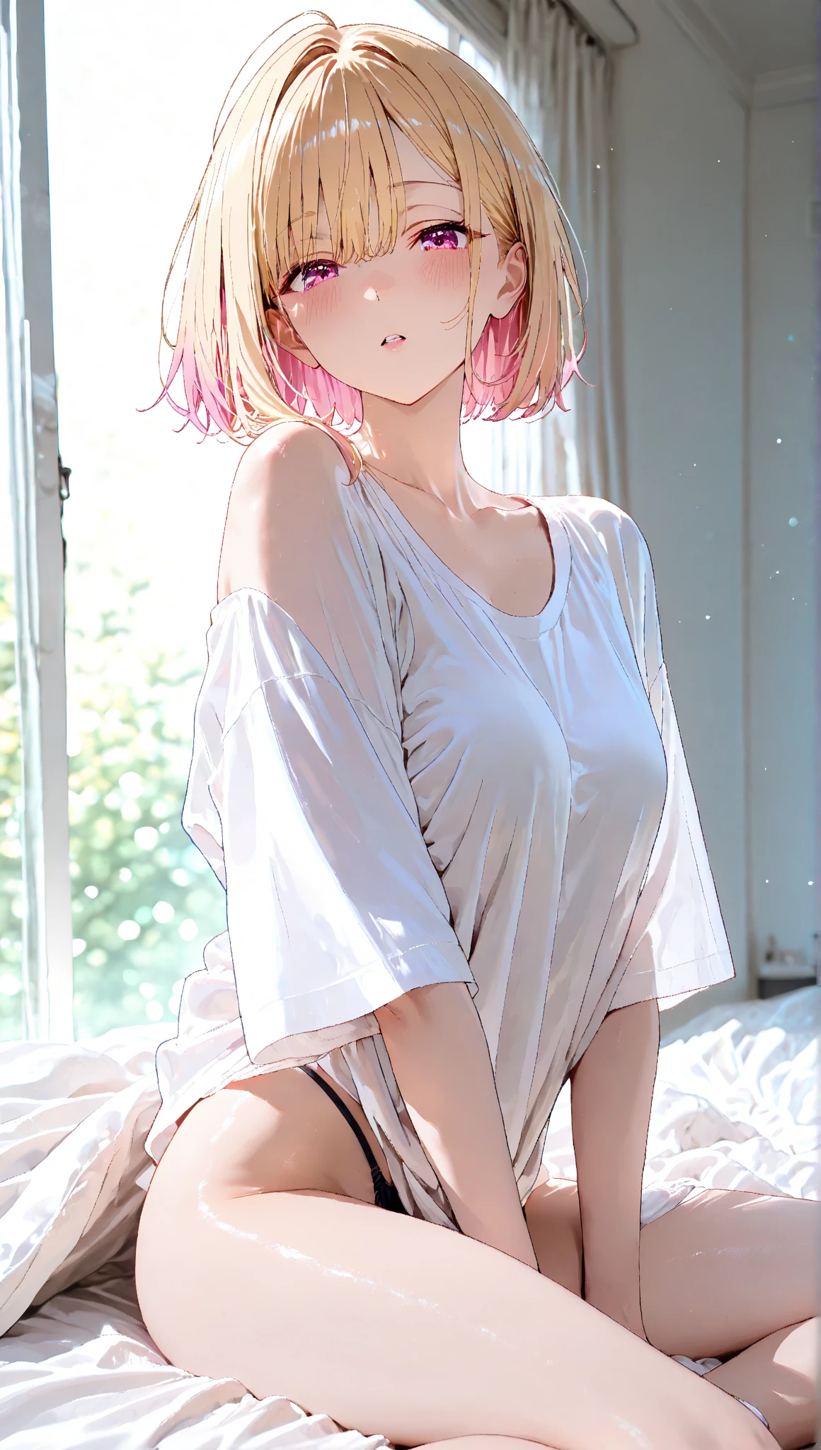 ((Sports magazine cover photo)), (masterpiece), (best quality), (ultra-detailed), (highest quality), (2.5D), (1 girl), very delicate facial expressions, erotic, only sexy woman, healthy figure, ((22-year-old woman)), 170cm tall, medium firm swaying breasts, (short hair), (pink hair:1.5), pink and salmon pink, ((streaked hair:1.9)), (highlights hair: 1.6), blunt bangs, red eyes, (thin thighs), (camel toe:0.7), (visible nipples:0.5), (Erect nipples:0.7), (white blouse), (bare shoulders), (yellow flare skirt), facing straight at viewer, (((in heat))), ((dutch angle)), ((erotic pose)), relaxing in the living room in midsummer