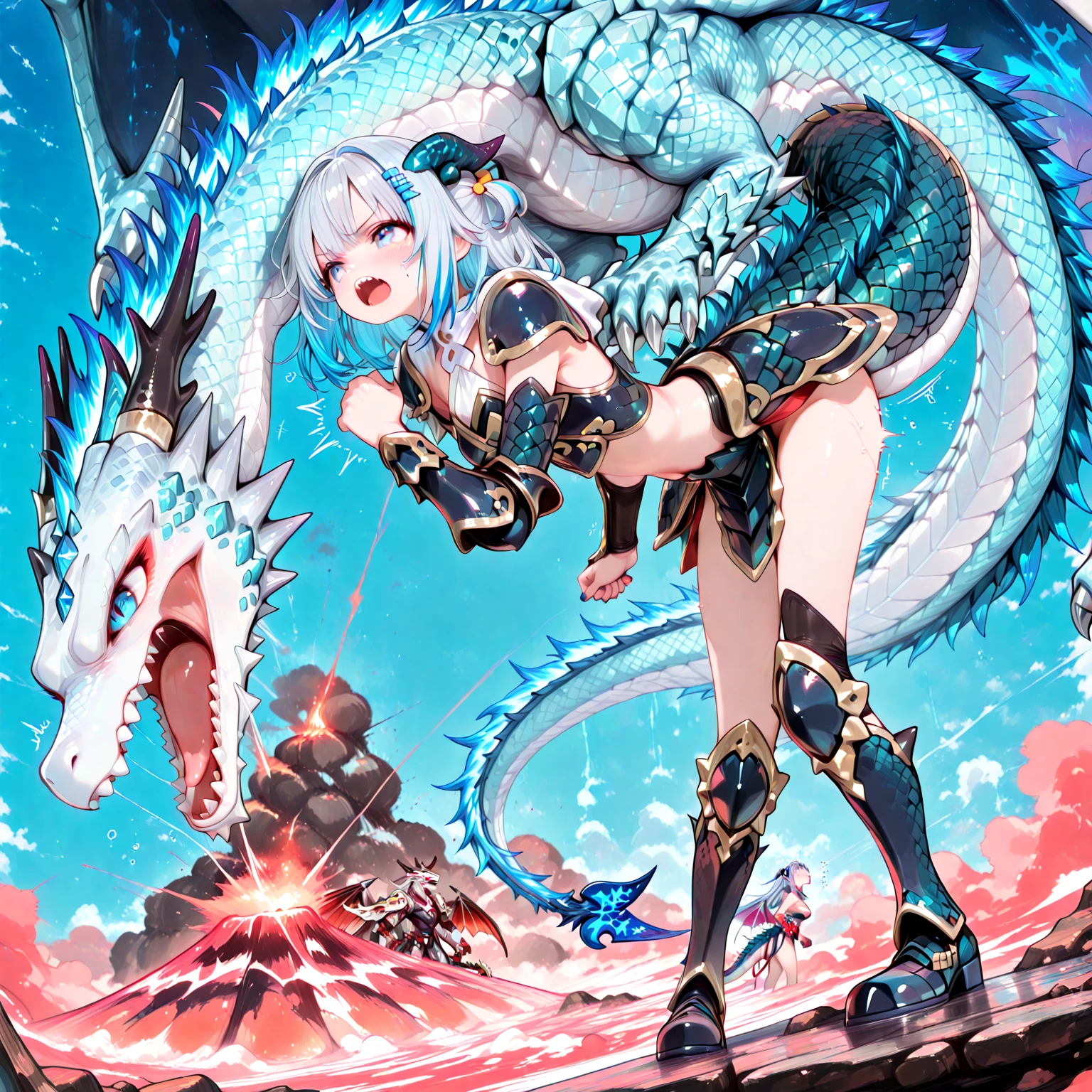 anime girl with dragon head and blue eyes posing for a picture, Detailed Digital Anime Art, Detailed anime artwork, detailed anime art, 8k high quality detailed art, [ 4 k digital art ]!!, very detailed Artgerm, Dragon Girl, Trending on ArtStation pixiv, Dragon Girl Portrait, 4k detailed art, pixiv 3dcg、Woman being eaten by a dragon