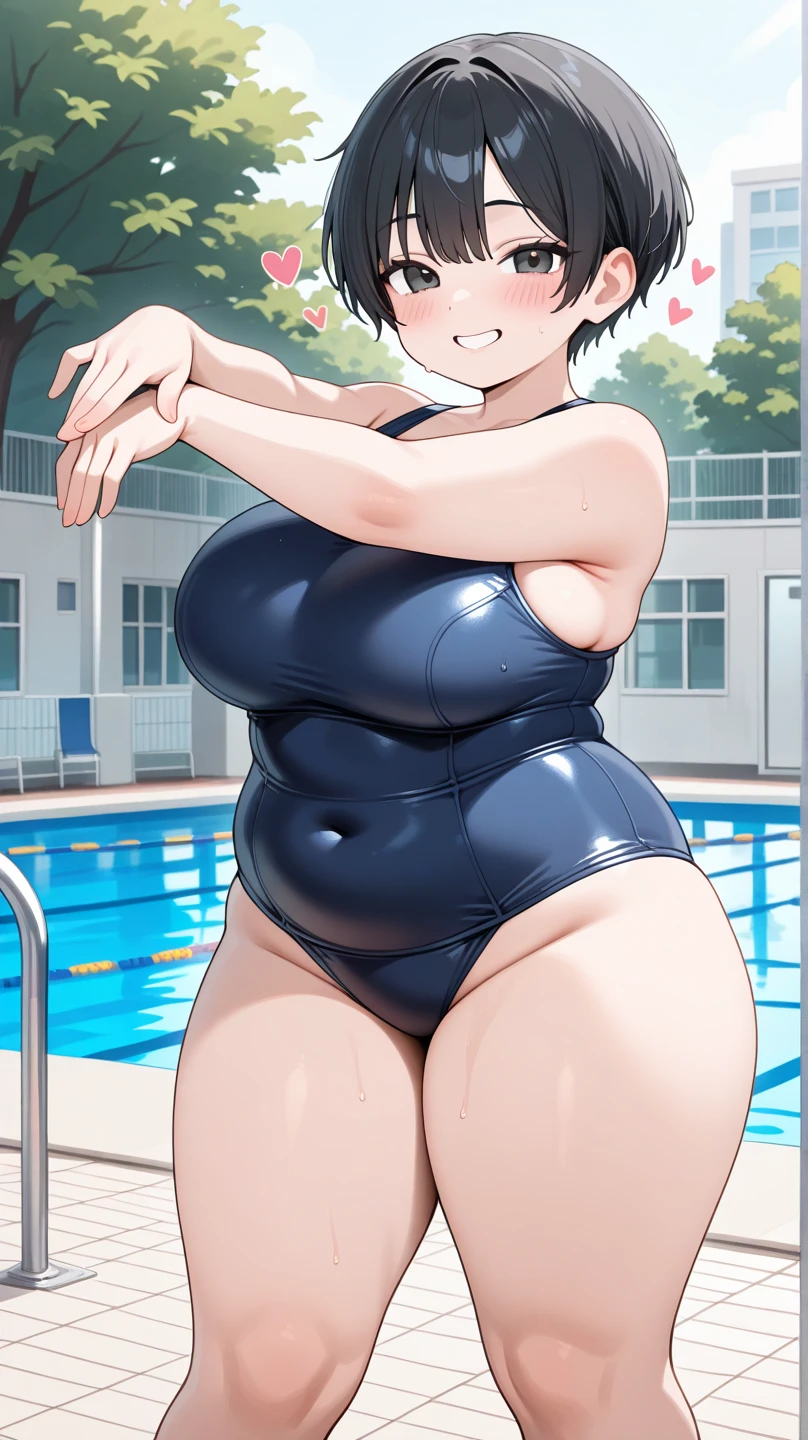 16 year old girl, Skinny little red bikini, Very muscular, Long red hair, Glasses, ,huge tit, Huge breasts, OPPAI ratio, Short white hair, Brown eyes, Thin waist, Huge ass, Smiling, full bodyesbian, Hands on the waist, Pose sexy in the pool