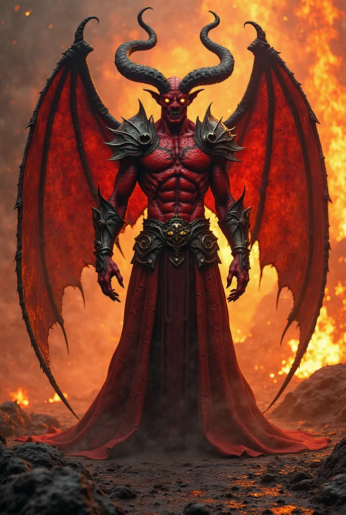 Create a highly realistic image of a person with classic devil characteristics. The person should have prominent horns on their head, similar to traditional depictions of demons, which can be dark or metallic in color. They should have a pointed or trident-shaped tail extending from their lower back, with realistic texture and movement. Their hands and feet should feature sharp claws instead of normal fingers and toes, and their skin can be a dark or reddish color.
The face should be fierce and commanding, with red or black skin. Their eyes should glow with a supernatural light, perhaps yellow or red, and their expression should convey malice and power. Include two realistic bat-like wings with detailed textures, looking like aged leather. The person can be dressed in a luxurious black or purple tunic with gold or silver accents, or alternatively, they could be naked to emphasize their demonic features.
The background should be a dark, infernal setting with flames and smoke to accentuate the devilish environment.