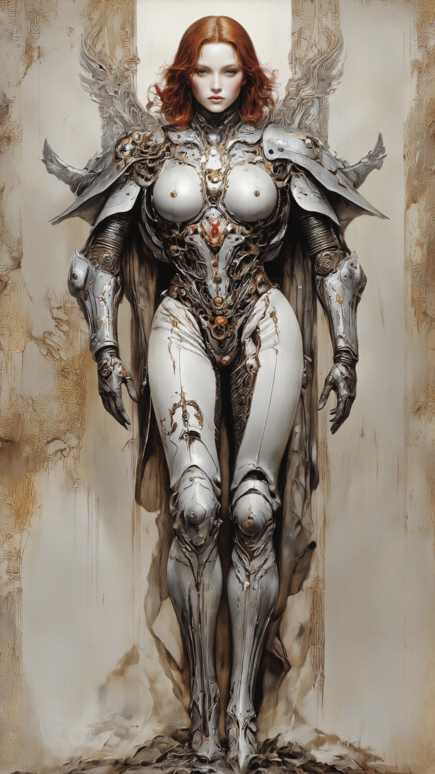A hyper-realistic image of a female Karnathi humanoid character, closely resembling the provided 3D model. The character stands at approximately 1.8 meters tall with a light gray skin tone that has a smooth, almost metallic texture. Her body is athletic, with well-defined muscles, highlighting her strength and agility. Facial Features and Horns: Her face is defined by sharp, angular features with a pronounced jawline and high cheekbones. She has distinct bony protrusions on her forehead, resembling small, crown-like horns. These horns curve slightly backward and are a prominent feature of her anatomy. The facial expression is serious, reflecting her stern and focused demeanor. Her eyes are deep-set and intense, with a piercing gaze that conveys both intelligence and determination. Body Details: Her body is adorned with light gray bone-like scales that are visible on her shoulders, upper chest, and forearms, providing a subtle contrast to her lighter skin tone. These scales are smooth and minimal, accentuating her alien nature while maintaining a humanoid appearance. Additional bony protrusions are present on her back and thighs, seamlessly integrated into her body structure. Clothing: She is dressed in minimal clothing that consists of dark-toned undergarments, which contrast with her light skin and emphasize her athletic build. The clothing is simple and functional, designed to offer coverage while showcasing her physical form. The textures and folds of the fabric should appear realistic and naturally conform to her body. Pose and Expression: She stands in a neutral position with her arms slightly outstretched, as if ready for action, while maintaining a balanced posture. Her expression is focused, with a slight furrow in her brow, giving her an intense and commanding presence. Background: The background should be neutral, focusing all attention on the Karnathi character. The lighting is soft, yet sufficient to highlight the intricate details of her skin, scal
