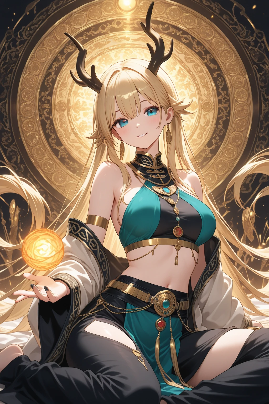 solo, seiza,14years old, blonde curly wavy himecut,(blunt bangs),attractive、mysterious、Firm and full breasts、Sensual Indian Shaman Costume、(dark skin),Enchanting chest、Charming Bare Feet、Tattoo、Brothels in India