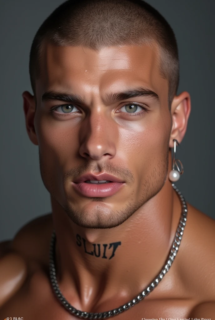 (masterpiece, intricately detailed, highest resolution, best quality:1.2), (doujin), a cocky Brazilian Instagram influencer, buzz cut, a 24 y.o muscle stud with a muscular physique sitting on a chair with black eyes,full-body tattoo, dark-skinned male, clean shaven, wearing a ((open jacket, big chains, chav, armbands)), ((excessive cum)) ((cum on body)) (cum drip), flaccid penis,saggy balls,hairy chest,vascular,muscle striations,soft light,fantastic realism, colth