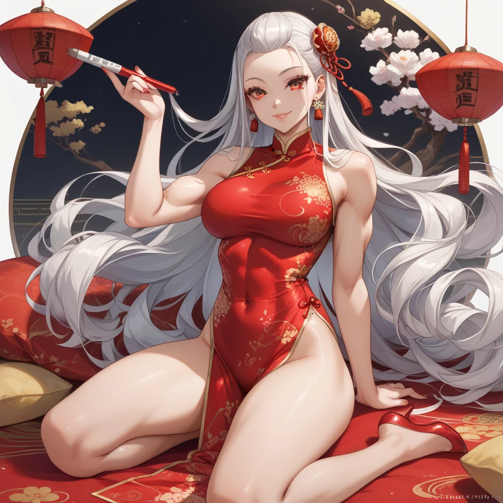 a girl，22 years old，long white hair，Qi bangs，Height 1.6 meters，Exquisite facial features，red pupils，Smile，slim，The legs are thin and plump，medium sized breasts，Martial arts style，Female Warrior，Chinese style