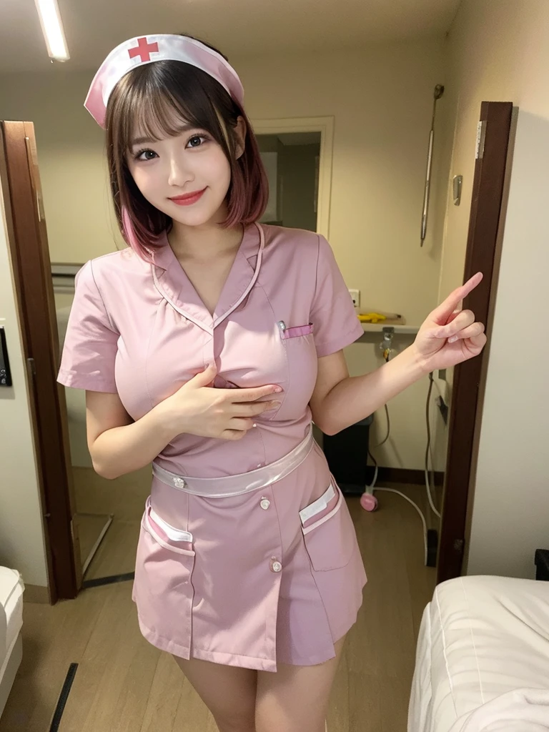 ((Nurse Costume:1.4))、Hospital room、Bedside、Peek into、smile、1 girl、Bob Hair、Brown Hair、Medium breast、Cleavage、