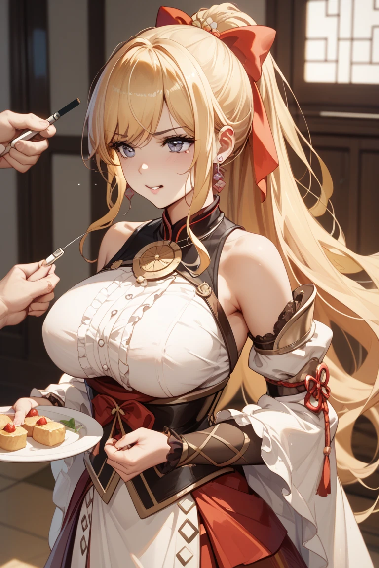 masterpiece, best quality, very aesthetic, absurdres, 1girl, mature_lady,,1girl, signora \(genshin impact\), genshin impact, blonde hair, breasts, long hair, gloves, mask, dress, large breasts, blue eyes, jewelry, cleavage,in a banquet,glowing stardust frontground,fantasy,sparkling,fireflies,from behind