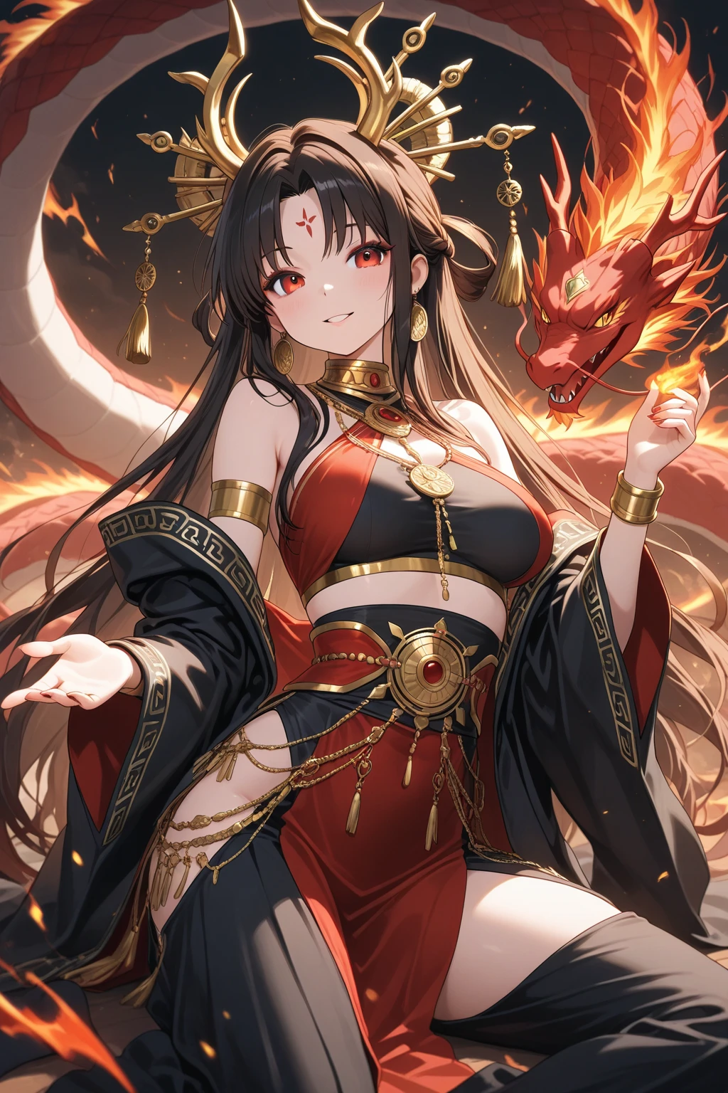 "A seductive succubus with long black hair, dark brown eyes, and fair skin. She has a slender and elegant figure with Chinese charm, small red horns, and black bat wings. She is wearing a traditional qipao in red and gold with intricate embroidery and dragon-phoenix patterns, featuring a high slit. She is adorned with traditional Chinese jewelry, such as earrings and bangles. The succubus occupies most of the frame, standing prominently. The background is a classical Chinese garden with a lotus pond and arched bridge, or a modern Shanghai night scene with the Oriental Pearl Tower and neon lights.",