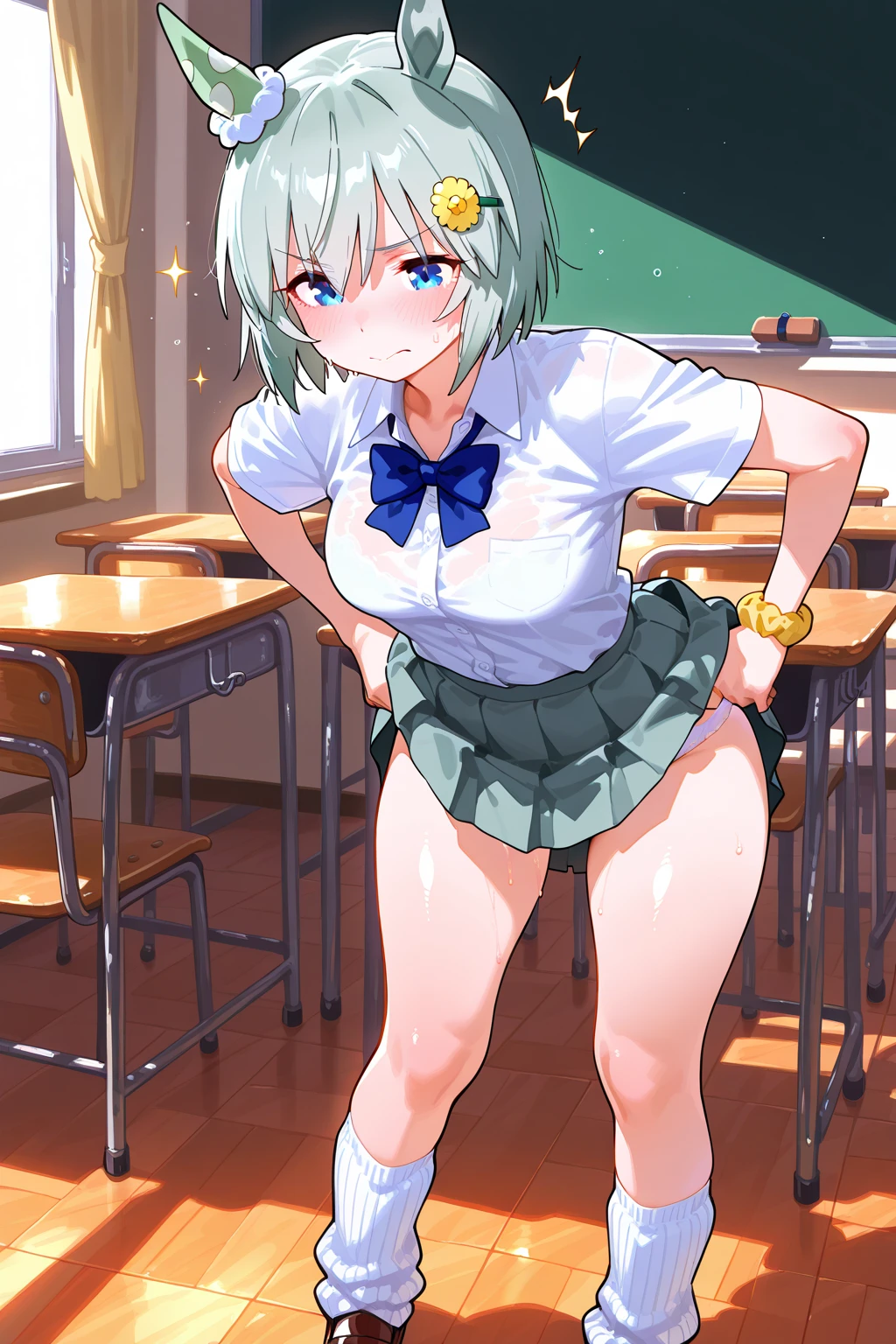 ((anime:)),,((best quality)), ((highly detailed)),(sketch) extremely detailed face, beautiful face,((1girl)),((solo)),shiny skin,(cowboy shot:1.15),looking at viewer ,hikawa hina,(aqua hair) , side braids, twin braids, hair bow,, nipples,large areolae,nsfw,((serafuku:1.55)),((short sleeves:1.15)),((pleated skirt,mini skirt:1.15)) ((skirt lift:1.35)),,((hanging breasts:1.25))((large breasts:1.15)),((pussy:1.35)),outdoors,,((stairs:1.35)),((sitting:1.35)),((nose blush:1.25)),(bad mood,,smile:0.895),open mouth,black socks,(black socks:1.15),BREAK (dark brown loafers:1.15),,((spread legs:1.45)),(arm behind back),,(anus)