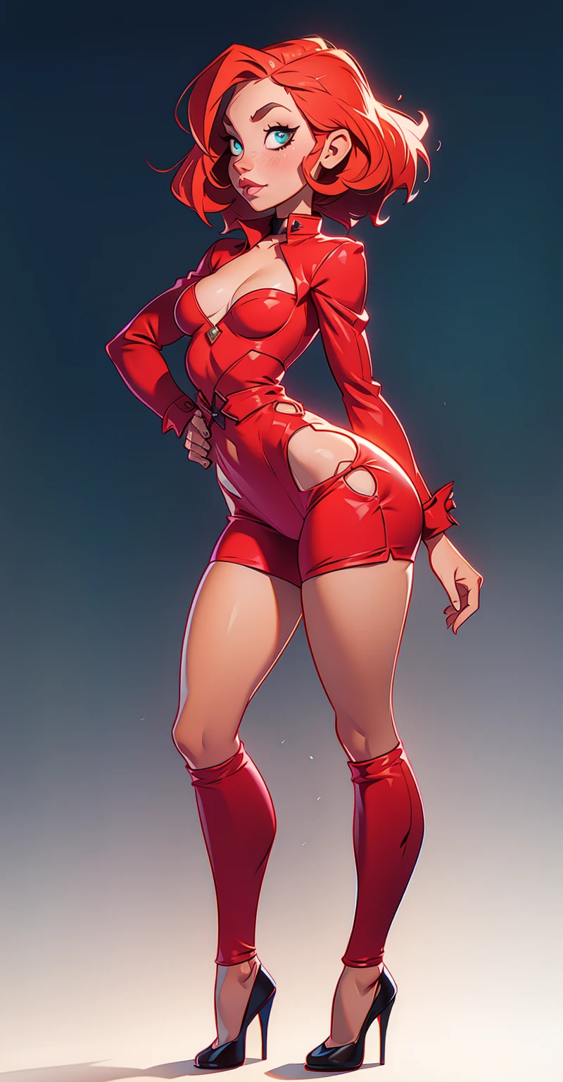 ((Plain background 1:2)) (Cammy White Street Fighter white silver short bob haircut) Female full body standing straight symmetrical looking to the viewer view from below, RED full body armored big breast knockers cleavage, leather collar choker, happy smile red cheeks, red gauntlets, red gloves, red military boots