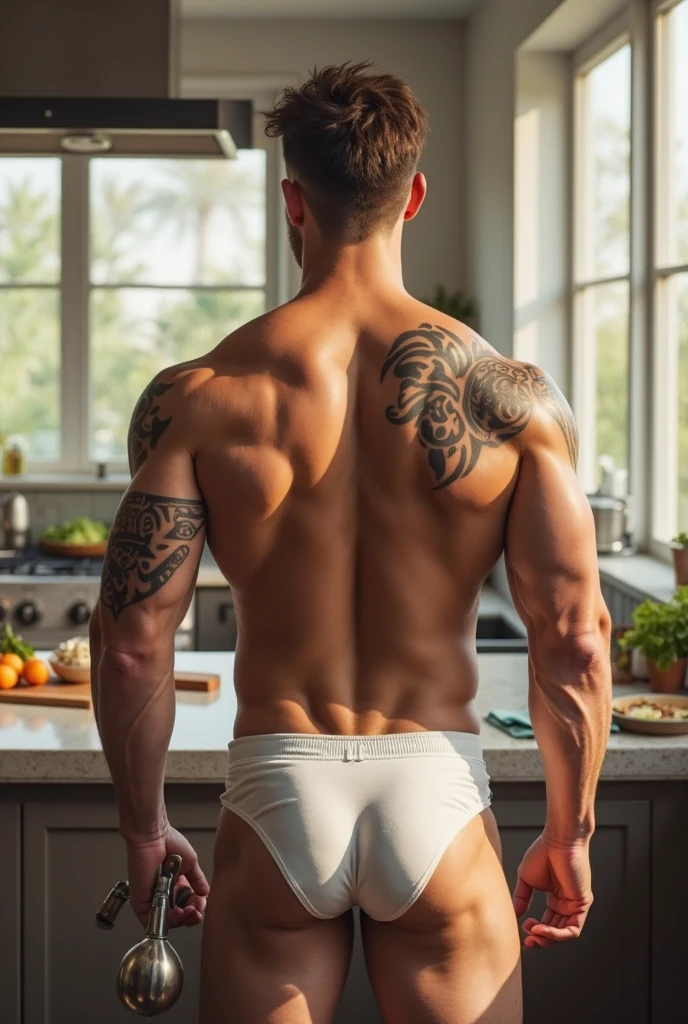 (8K, RAW photo, Highest quality) masterpiece, 1 boy, Look back at viewer, standing backward, smiling, showing his huge butt, round ass, narrow waist, ass up pose, he is holding a plate with a huge slice of pizza. The pizza is big-sized, Huge pizza on the table .Handsomee, Topless, Thick body hair, wearing nothing completely naked, in a Italian restaurant background , cinematic lighting, UHD