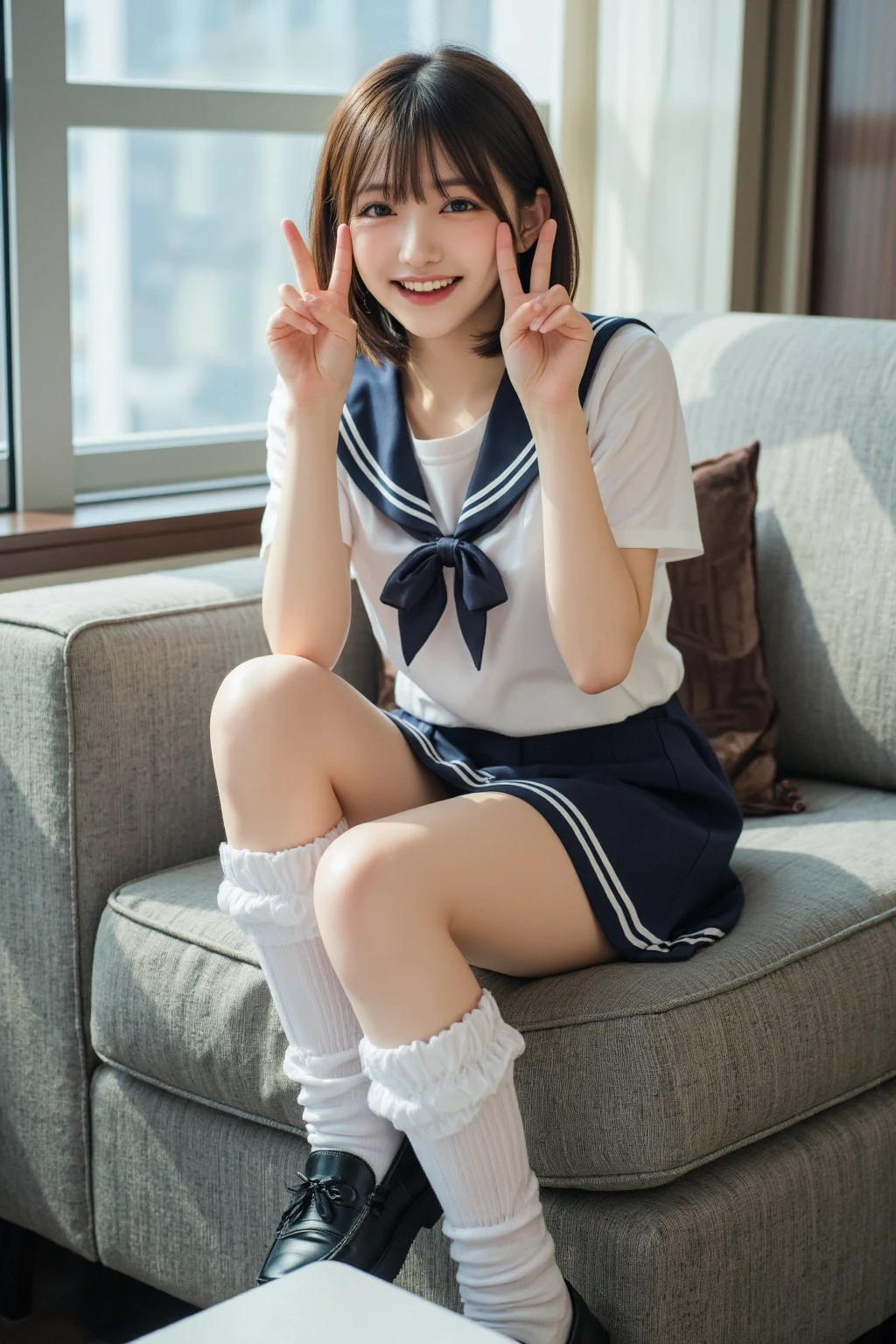(looking at viewer:1.5),(big smile:1.3),(happy smile:1.3),(extremely beautiful face:1.3),(big eyes:1.3),(double eyelids:1.3),(very long silky hair:1.3),(long eyelashes:1.2), beautiful lips, beautiful eyes,(beautiful teeth:1.2),(white panties are clearly visible:1.3),(sexy panties:1.1),(realistic silk panties:1.2),(white panties:1.2),(detailed panties:1.3),(17 year old girl:1.2),32K,masterpiece, Raw photo, (detailed fingers:1.2),Best Quality, photorealistic, highly detailed CG Unity 32K wallpaper, intricate detailed face, (Ultra detailed skin:1.2) super idol, clear eyes, thick thighs, drooping eyes, ,pink checked skirt, Japanese school uniform, brown loafers, loose socks,