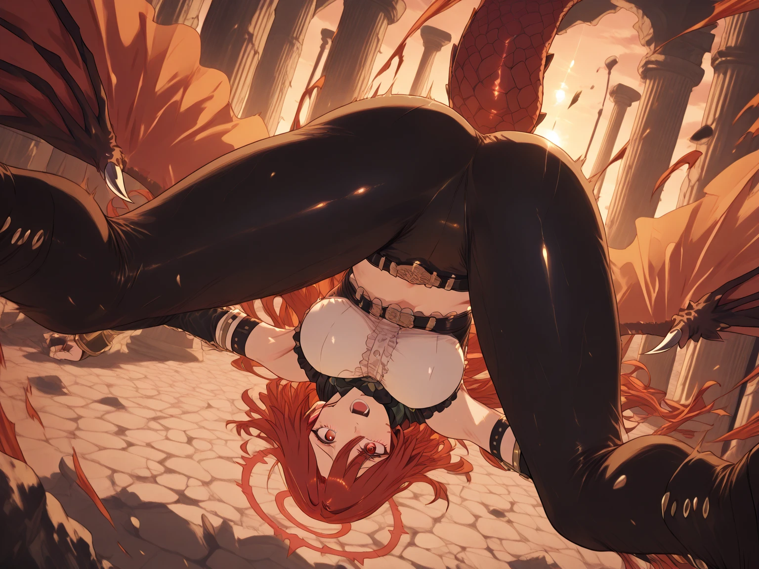 Generate a nsfw image (pov, focus on woman, directly facing viewer, masterpiece, complex and imaginative composition, highly detailed and realistic rendering, dramatic lighting, vibrant colors, surreal and fantastical, award-winning digital art, 8k, best quality). solo mature woman kneeling on all fours ((takashiro hiroko, red hair, body glistening in sweat, green earrings, purple eyes, ((naked except for long black sheer stockings, garters)), having an orgasm, blushing, large expressive eyes, lush detailed hair, intricately detailed skin texture, detailed lips)) , (facial expression of ecstasy, orgasm, blushing, eyes closed), (solo, 1girl:1.3), (facial expression: orgasm, blushing, ecstacsy) Woman is surrounded by numerous hellish veined grey tentacles. The tentacles are tentacles encircling the woman's breast, tentacles are tying up woman's arms, tentacle sex penetration, (thick slimy tentacles penetrating woman's vagina), (thick slimy tentacles penetrating woman's anus), ((slimy tentacles tightly gripping and parting her legs to reveal vagina, cumming, ((vaginal juices flowing from anus and vagina)), plethora of tentacles everywhere, ((purple bra lies discarded on floor:1.4)), ((purple panties tangled in tentacles:1.3)), background is covered in tentacles.