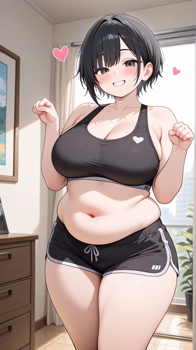 ((Masterpiece)), perfect anatomy, perfect shading, field of depth, (best quality), extremely delicate and beautiful, perfect lighting, detailed face, ultra cute face, cute, (1girl), (solo),
short fluffy brown hair, ponytail, green eyes, brown skin, ((blush)), embarrassed, looking at viewer, sports bra, gym shorts, cleavage, small breasts, ((thick thighs)), ((wide hips)), fat ass, chubby,
intricate background, detailed background, park, standing, out of breath, sweating, wet clothes