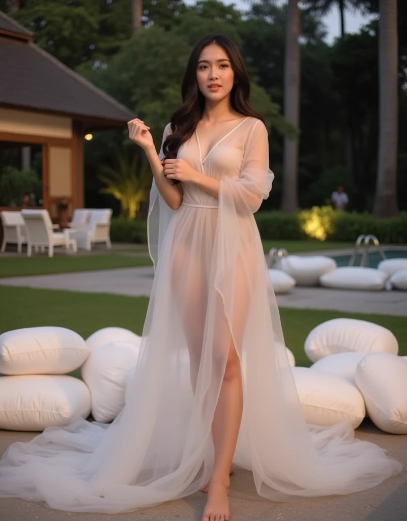 Masterpiece, best quality, high resolution, 1girl, extremely beautiful, brown wavy hair, makeups, fit body, small breasts, wearing transparent white night-dress to the point we can see her breasts and pubic hair, lace night-dress, at the river, rocks, sand, trees in the background, full body, volumetric lights, bathing at the river,