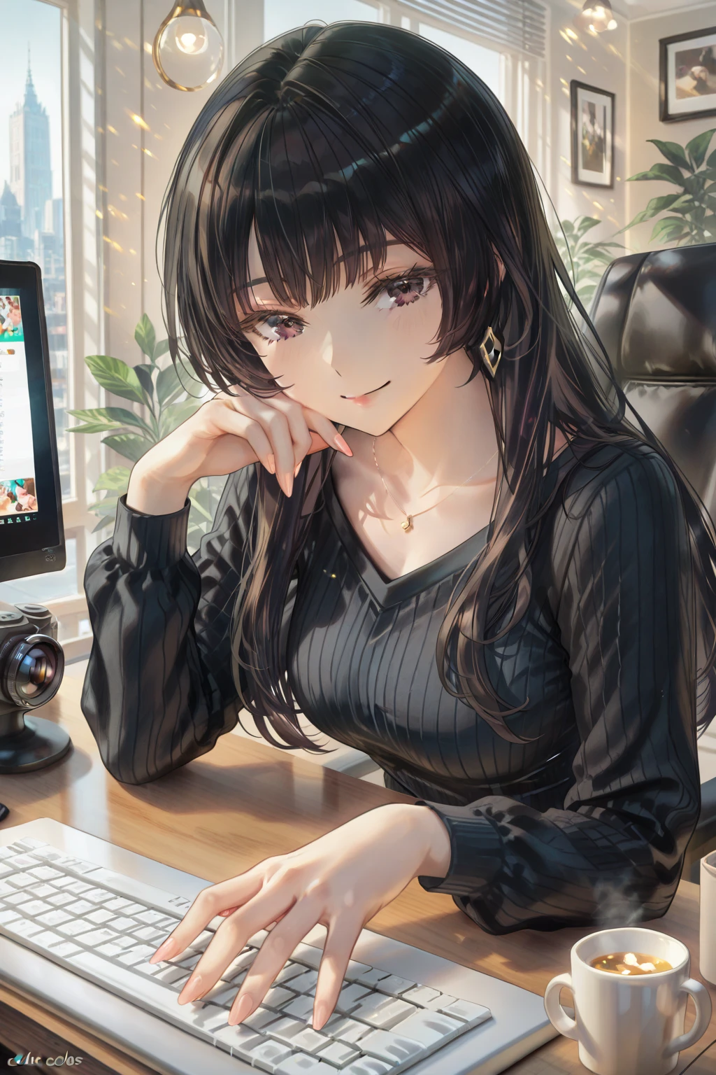 (Best Quality, Masterpiece), office lady Magazine Cover, 1girl,Magazine Cover, 1girl, amazing 30 years old wife, stunning, cute, warm smile, hourglass figure, floral dress, office desk, office chair,Lulubre Unity 8K Wallpaper, Beautiful background, clearly, Best Quality, The highest resolution, Best aesthetic,extremely detailed CG unity 8k,azine Cover,text, chart, advertising, magazine title