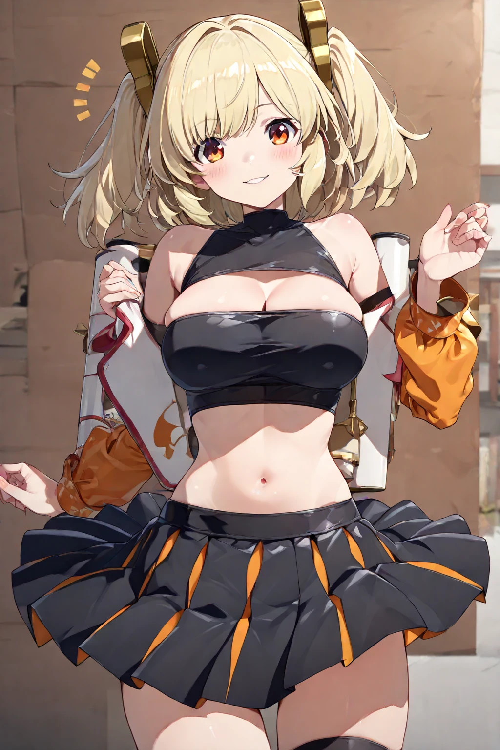 2d, masterpiece, best quality, anime, highly detailed face, highly detailed eyes, highly detailed background, perfect lighting, full body, 1girl, solo, yozora mel, vampire, bat hair ornament, hairclip, short hair, ahoge, revealing clothes, navel, bare shoulders, black crop top, short shorts, choker, frills, :d, standing, asymmetrical legwear, short sleeves, fingerless gloves <lora:yozoramel-20:1>