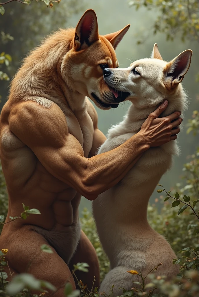 Big muscular wolf having sex with his wolf boyfriend, while they are both spooning while the muscular wolf boyfriend holds his boyfriend's left thigh.