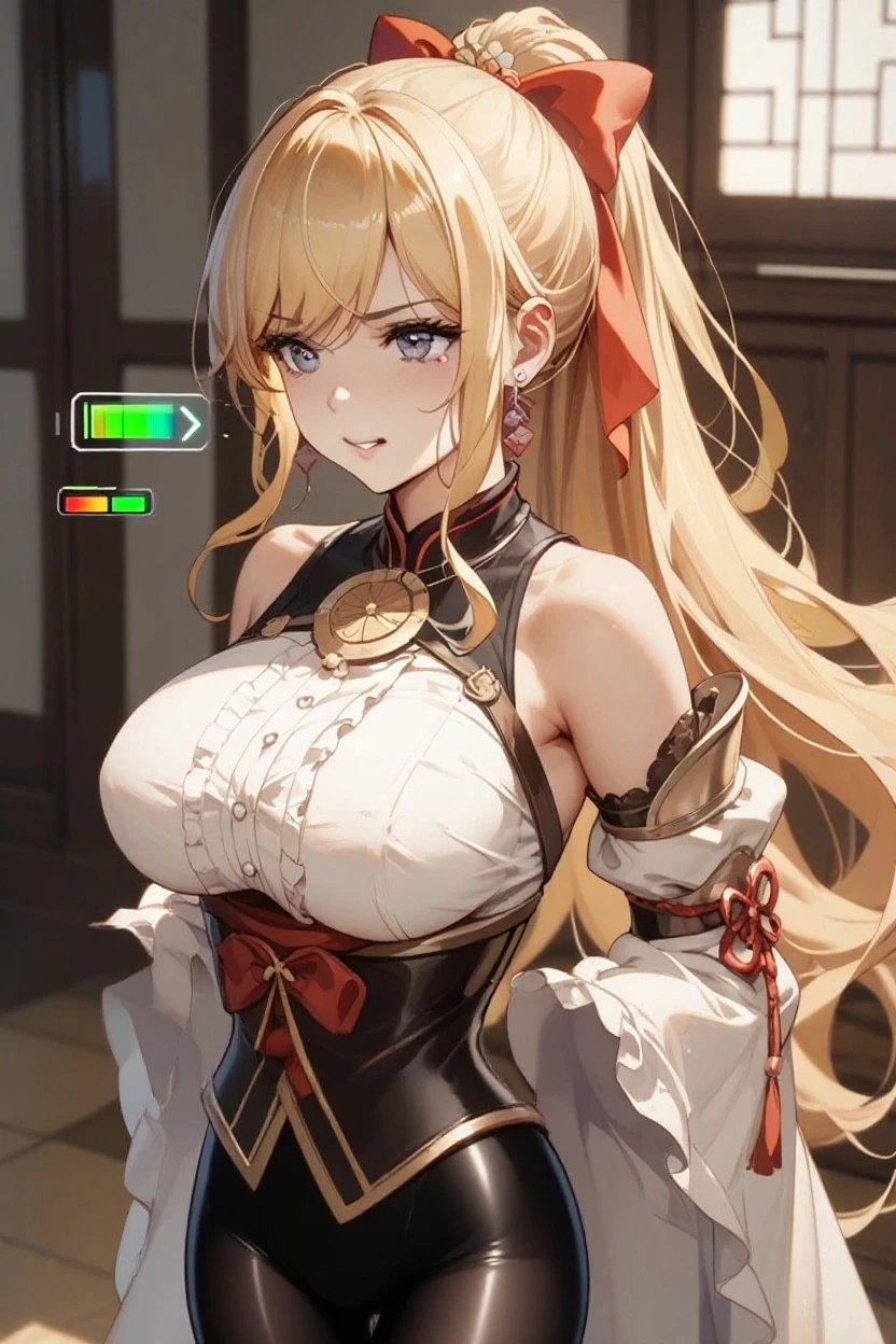 (masterpiece, best quality:1.2), 1girl, solo, long hair, blonde hair, twintails, red eyes, red ribbon, hair ribbon, bangs between eyes, large breast