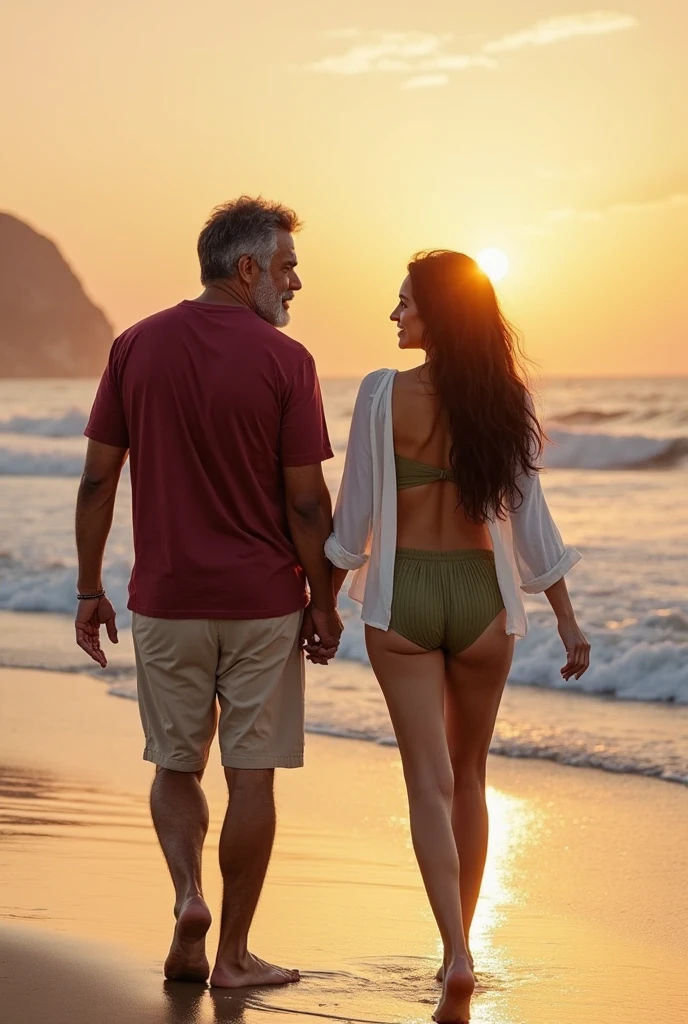 A pot-bellied man walks hand in hand with his young wife in a bikini on the beach in the morning.