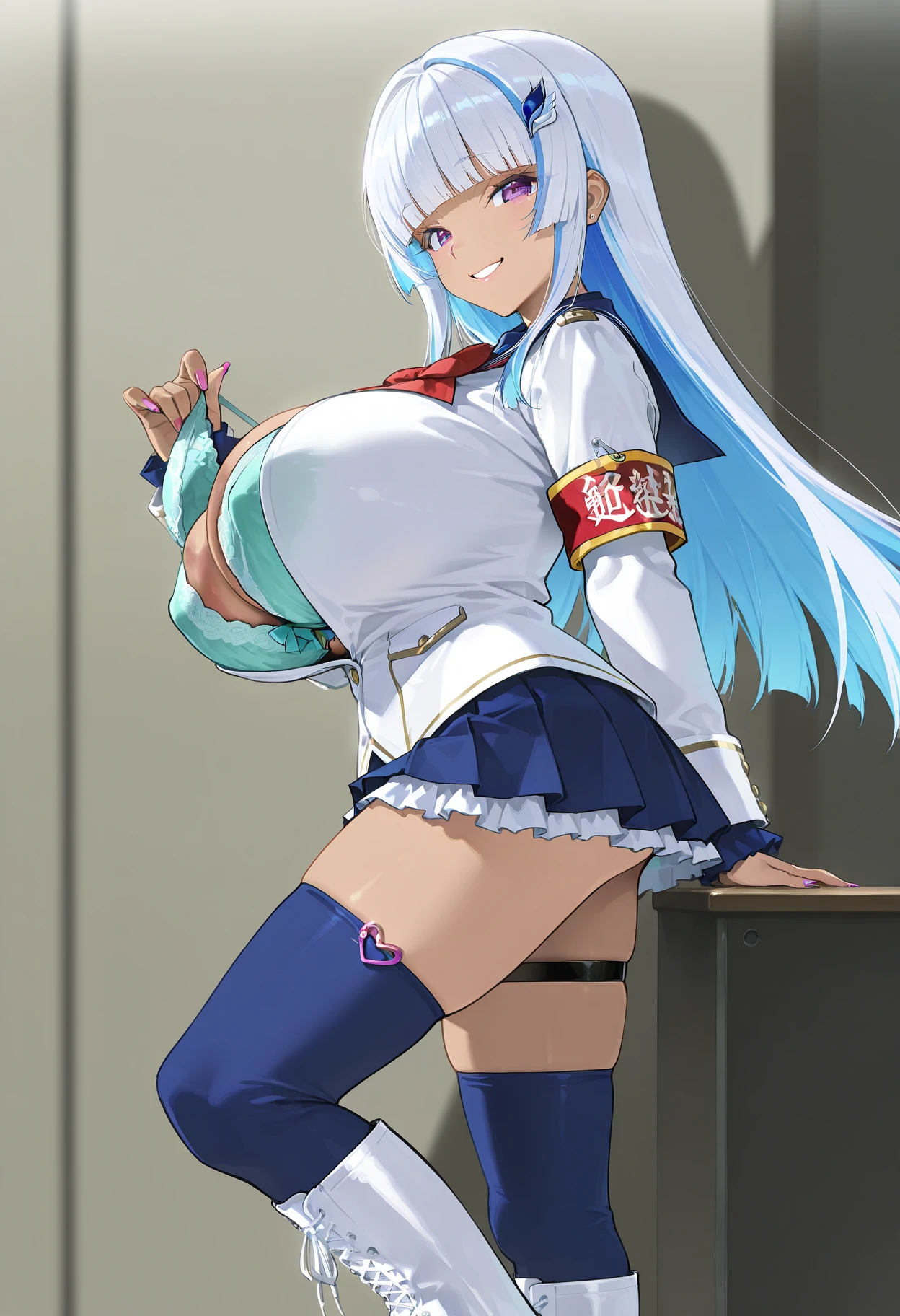 (NSFW), h1, hair ornamnet, glowing eyes, shiny glossy skin, oily skin, gleaming skin, (underboob:1.2), navel, midriff, hands on waist, (epaulettes:1.2), miniskirt, pleated skirt, (magical girl uniform:1.2), long sleeve, (skirt), military cap, smirk, extremely thick lips, extremely long eyelashes, nipple, (huge breasts:1.3), wide hips, thich thighs, narrow waist, (chubby, plump), big belly, cameltoe, (salute),hand on hip, earrings