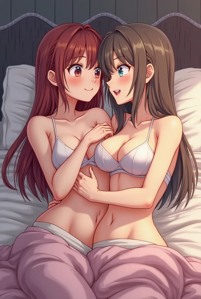 two sexy women in bed who are wife of 4 years old boy looking at camera, seductive smiles, portrait, various hair, view from above