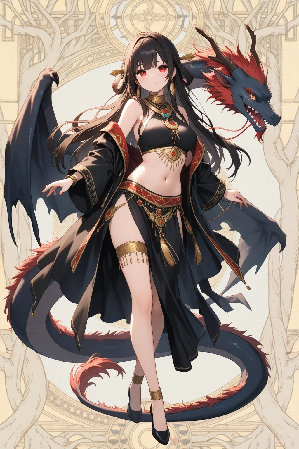 brown skin, older woman, sexy, tall, brown skin, one dragon wing, black hair, elf, elf ears, horns, dark clothing, purple clothing