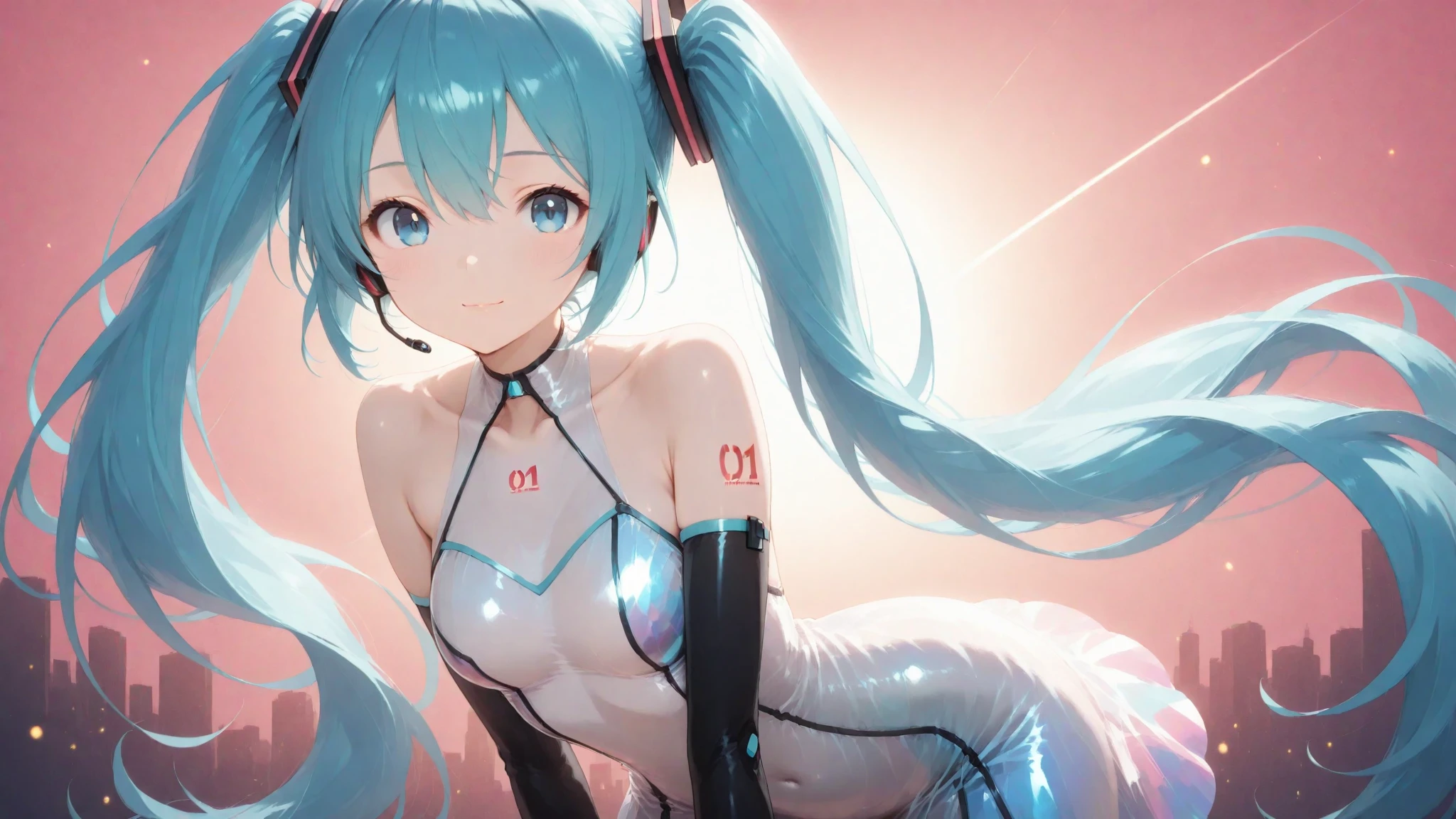 hatsune miku,Twin tails、No sleeve  (small breast:1.2), BREAK looking at viewer, BREAK outside, BREAK (masterpiece:1.2), best quality, high resolution, unity 8k wallpaper, (illustration:0.8), (beautiful detailed eyes:1.6), extremely detailed face, perfect lighting, extremely detailed CG, (perfect hands, perfect anatomy),whole body