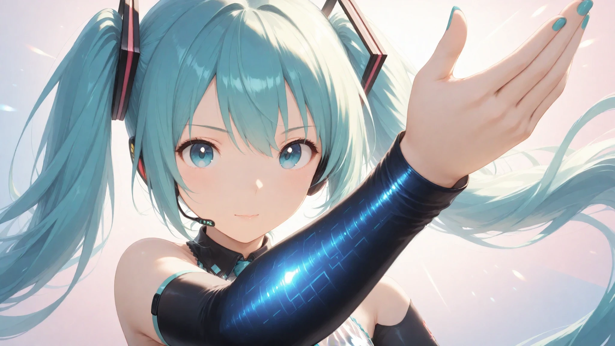 A genius with long aqua green hair with a ponytail with an orange bow,aqua green eyes with crystal iris,with giant breasts and a giant butt,smiling 
