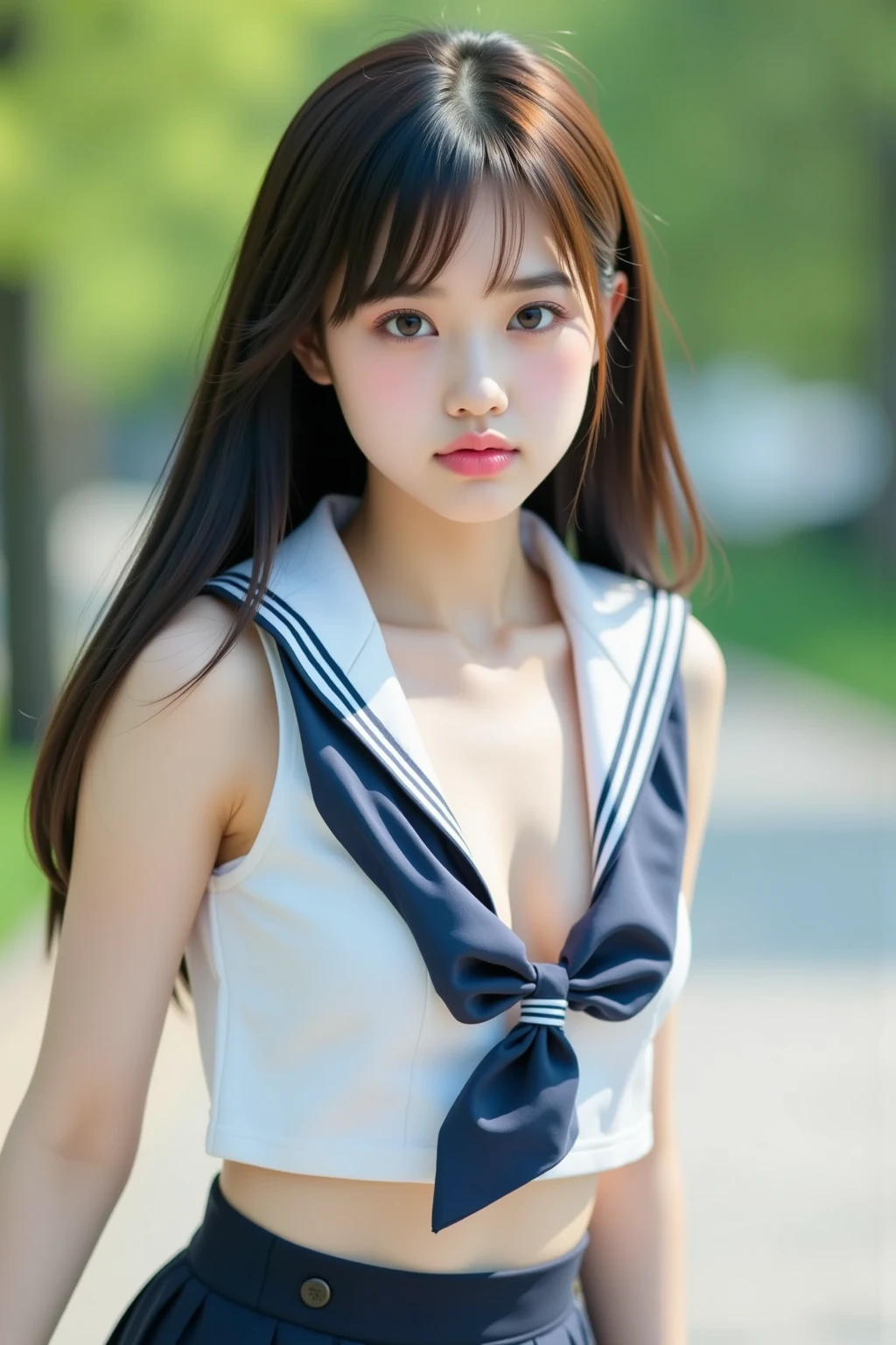 highest quality,Photo quality,Ultra-high resolution,Professional Lighting,18-year-old,Beautiful face like an actress,Large Breasts,Transparent blouse:0.3,Sailor suit uniform,navel:1.1