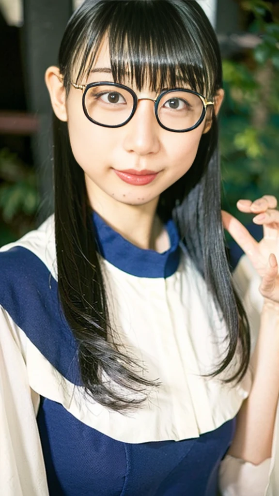 Beautuful Women，white colors，dual horsetail，Textured skin，High value，dual horsetail，Top，k hd，Simple，Glasses，There are flowers on the head，Gradient pupil color，Light smile，is shy，romanticism lain