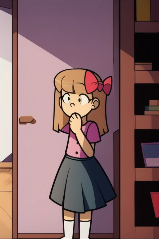 up skirt, 1boy, 1girl, solo, huge ass, pink panties, very detailed ass, sexy ass, skirt pulled off by herself, Anne Boonchuy, amphibia style, shirt, purple skirt, loose socks, shoes, from behind,stairs, looking back at you, embarrassed, ceiling, ZPDXL, smooth