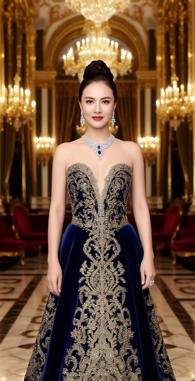 (masterpiece), Realism, high details, high quality, expressive eyes, perfect face, gorgeous eyes, (A beautiful woman in evening dress), hair(straight, black, gradient), eyes(smart eyes, black), clothes(satin, off shoulder, long dress, gold trim, light blue, blue), hair ornament, earrings, diamond necklace, jewelry, detached sleeves, well accentuated curves, slender figure, (Extremely detailed skin texture), light smile, beautiful make-up look, red lips, hall, grand ballroom