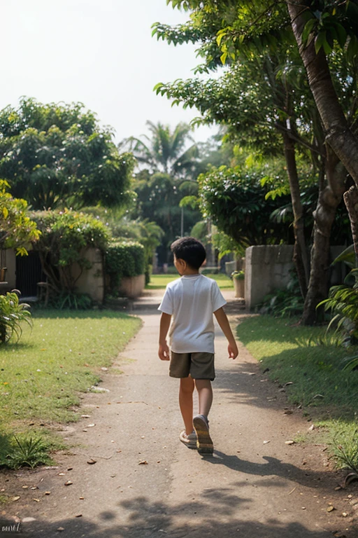 A boy walking through a beautiful green road