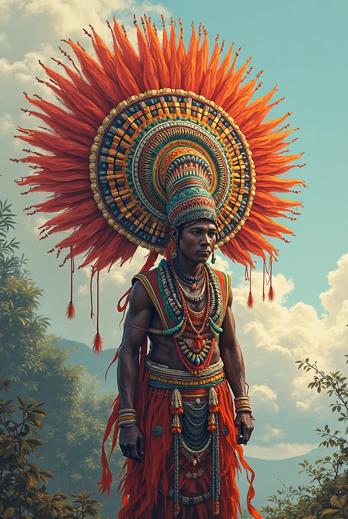 An illustration of the entity Caboclo do Sol, that is inside the forest, He is an Indian, that it is daytime and preferably that the sun is behind it, I have a crest of medium-sized yellow feathers for you, orange, red and green let the sun illuminate it