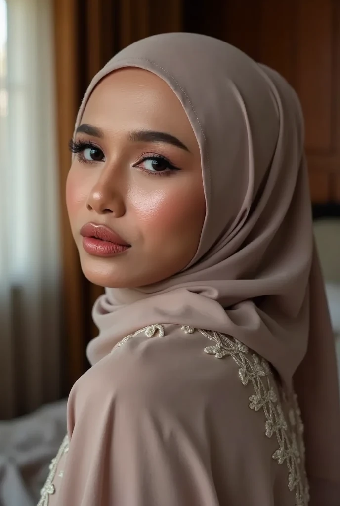 (pashmina HIJAB), ((puffed breasts, small nipples)), (dynamic photograph of a 28 year old Indonesian woman), (straight non curly hair), (highly detailed face:1.4), (background inside light, bright, private gym:1.1), (8k, uhd, dslr, high quality, cinematic lighting, bokeh), (dramatic, award winning photography, incredible masterpiece:1.3), (((sexy sultry stare at camera:0.8))), ((she is ready to dominate you:0.5)), ((beautiful feminine face)), add_detail:1, ((nsfw))