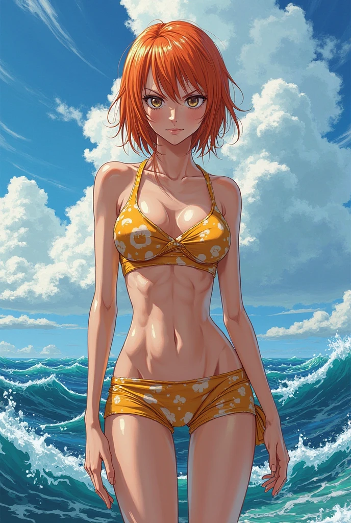 The sea sparkling in the morning sun , (Colorful and sexy high leg orange bikini girl: 1.2), Dark blue eyes, 1 girl, 20-year-old,Grin,Big ample breasts,Slender,,(Realistic), (Intricate details: 1.2), (Tabletop: 1.3), (highest quality: 1.4), (超A high resolution: 1.2), 超A high resolution, (Fine grain), (Detailed face), 8K resolution, Beautiful legs,Beautiful Hands,Look at the viewers,Dynamic Pose,Low angle,looked back