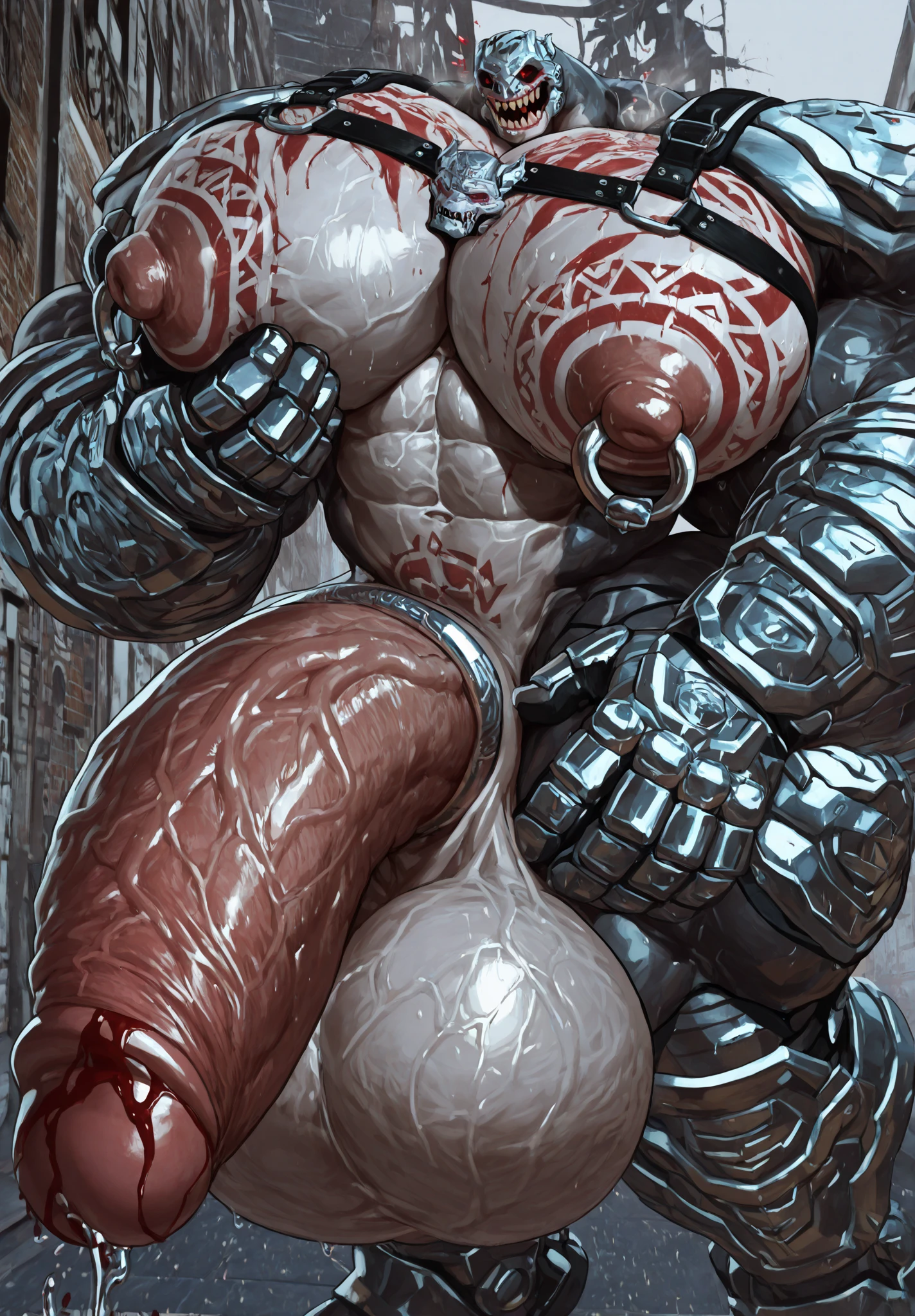 (1 girl:1.25), (beautiful girl wearing a leather harness, strap-on, StrapOnDildo:1.25), (muscular bodybuilder girl pegging boy:1.25), (huge veiny breasts:1.25), very long hair, tall, pale skin, (full body), (solo)